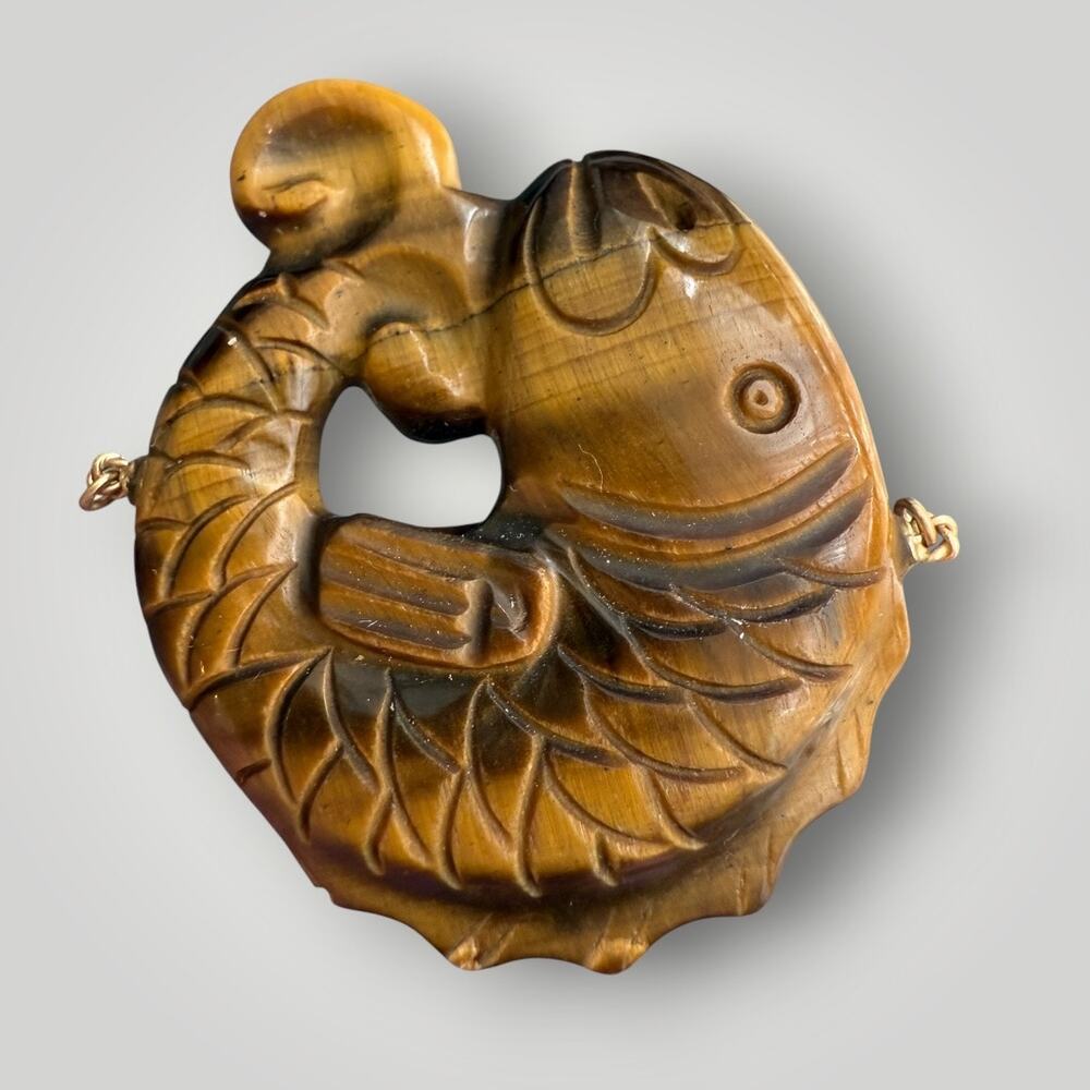Carved Tiger’s Eye Fish Pendant 14K Gold Connectors Asian Style Necklace Charm